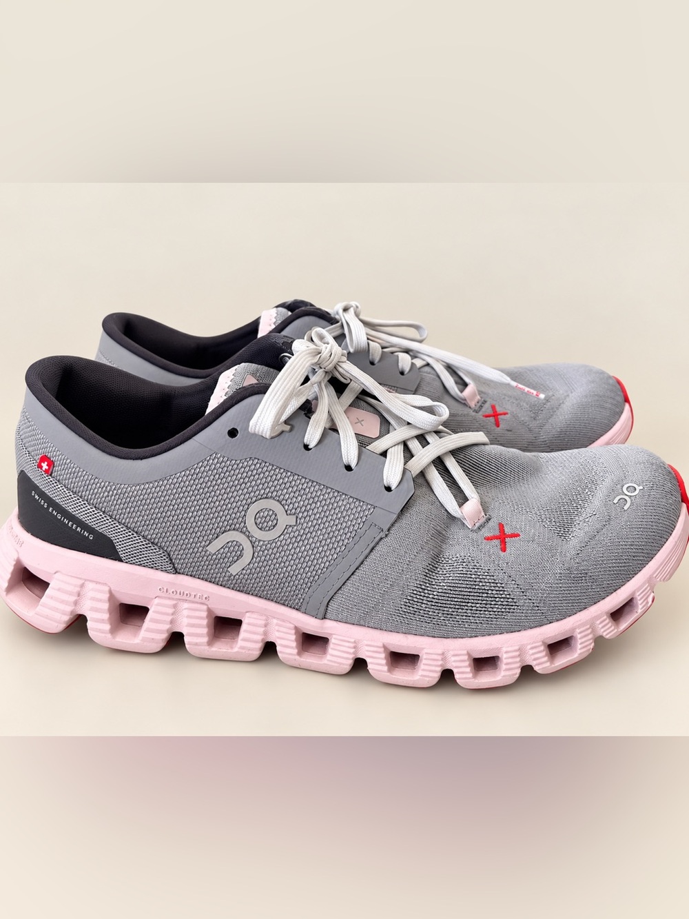 On Running Cloudflow Women's Grey and Pink Athletic Running Shoes